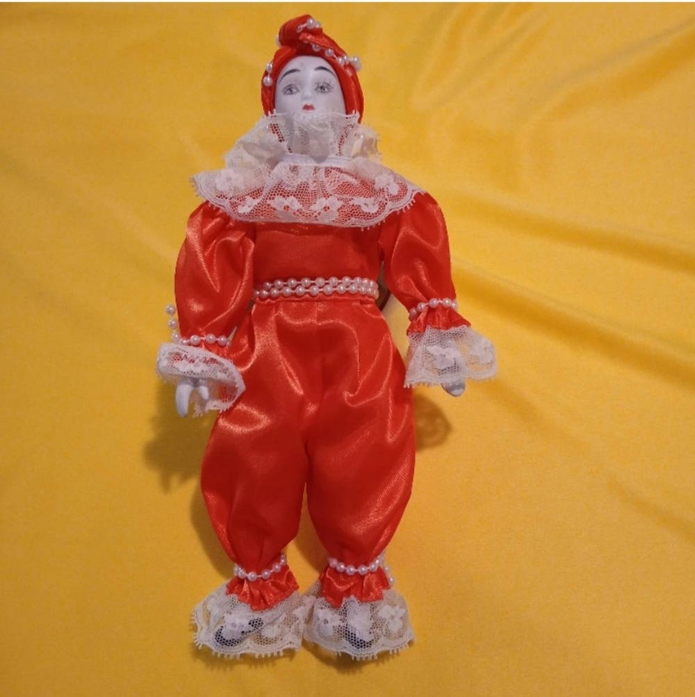 VTG Italian Clown Doll Jester Type Pearls Satin Porcelain Hands Feet Face 10" T